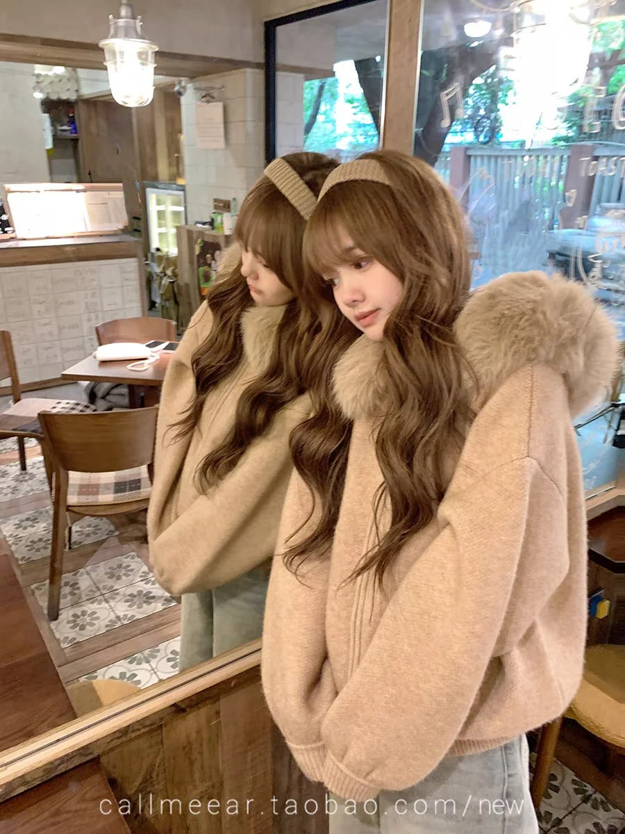 CGC44605-117B 秋冬寬鬆大毛領毛衣開衫外套(2色)