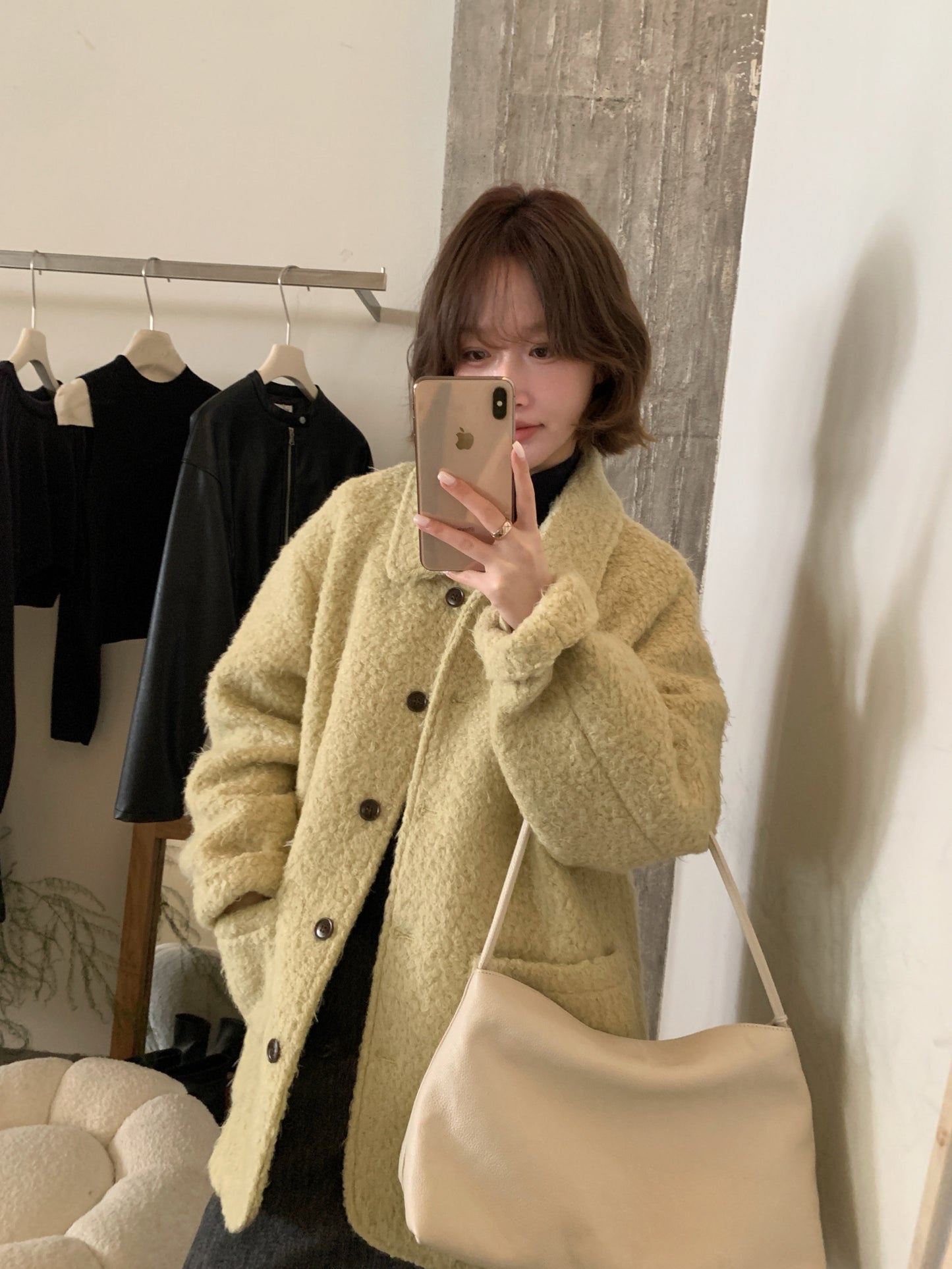 CGC15296-17B 毛毛外套秋冬寬鬆中長款翻領單排扣大衣(3色)