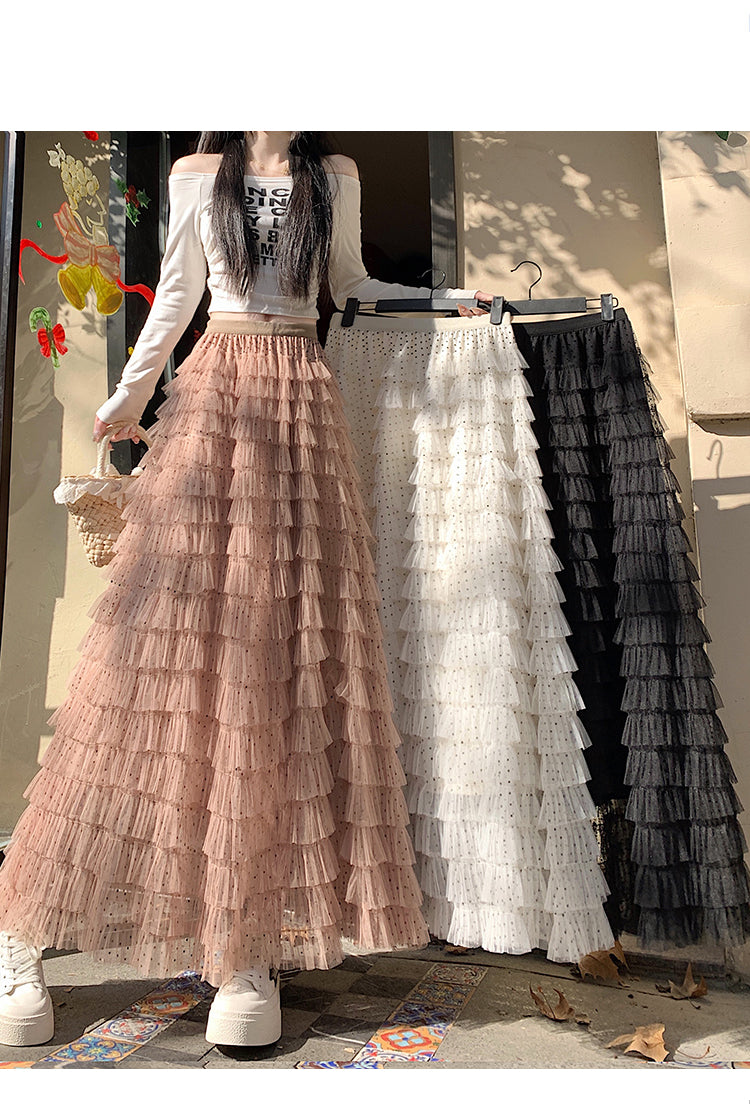 📺︎︎ CGS8624-36H 波點蕾絲網紗蛋糕裙半身裙(3色)