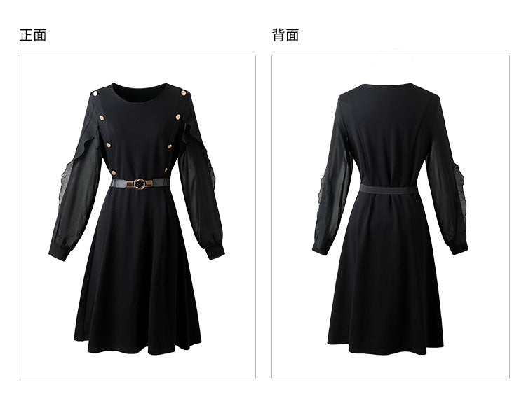 CGB625-36H 春裝季針梭拼接木耳壓褶花邊中長款連衣裙+送腰帶
