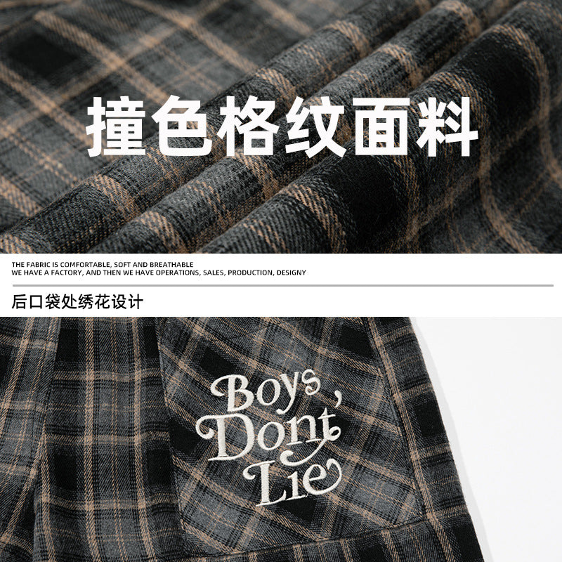 CBAMK2387-8H 美式復古磨毛格紋休閒褲春季長褲英文刺繡寬鬆直筒褲