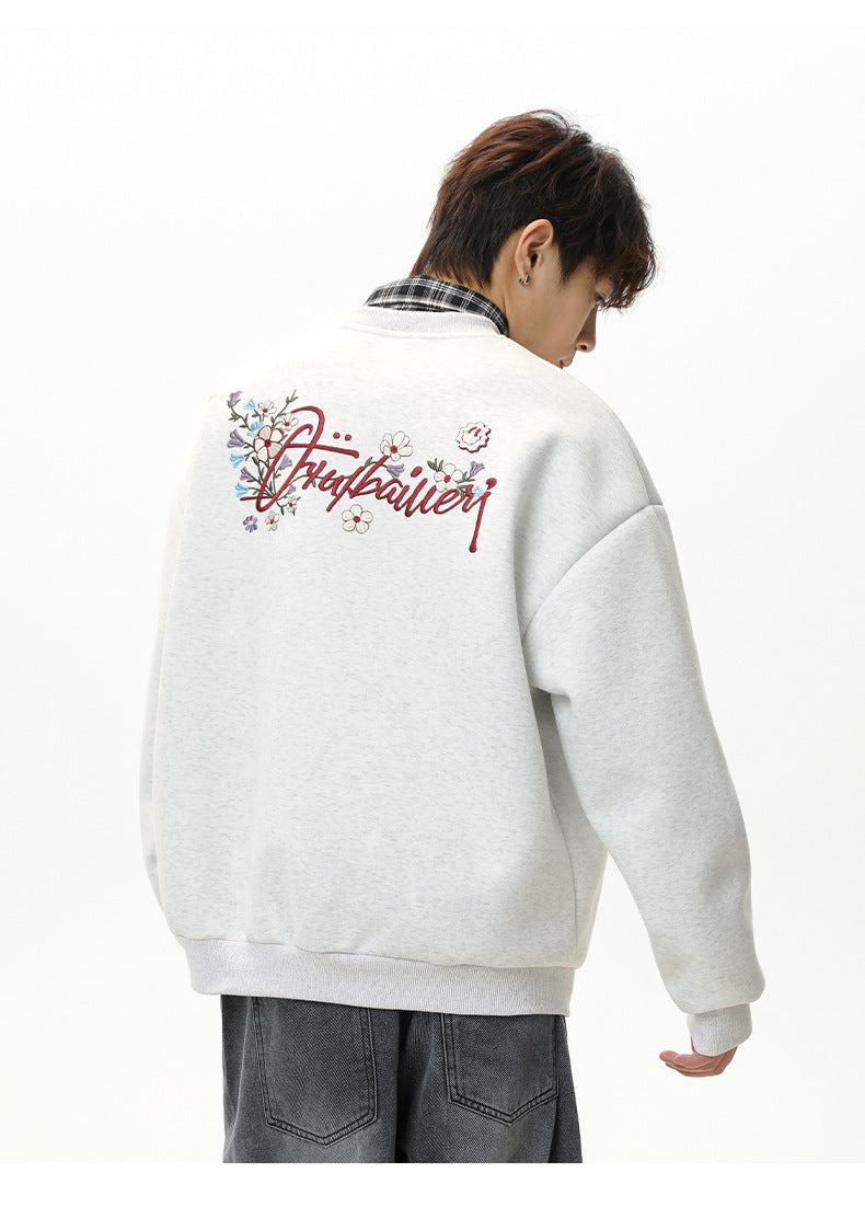 CBDMW3967-8H 重磅質感圓領重工撞色刺繡套頭衫(4色)