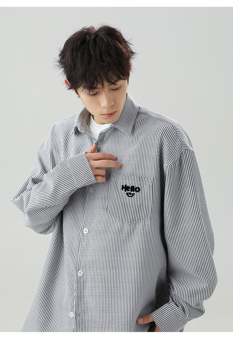 CBDMC7138-8H 口袋立體刺繡長袖襯衫撞色豎條紋襯衣(3色)