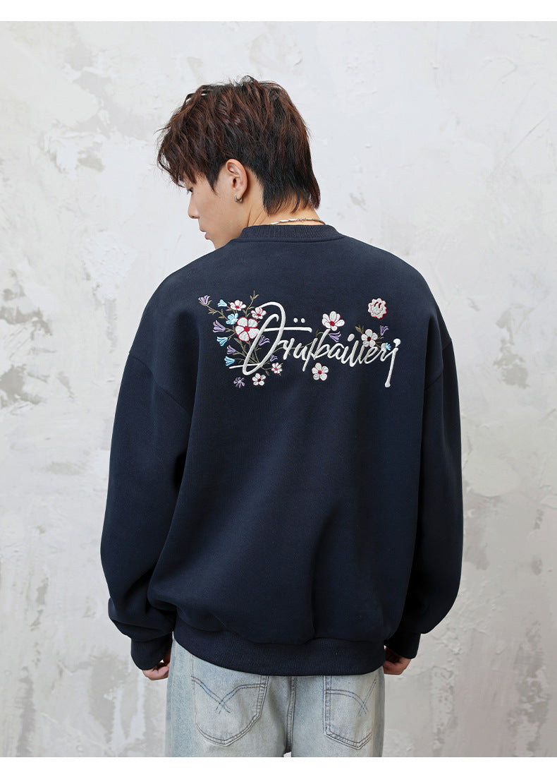 CBDMW3967-8H 重磅質感圓領重工撞色刺繡套頭衫(4色)