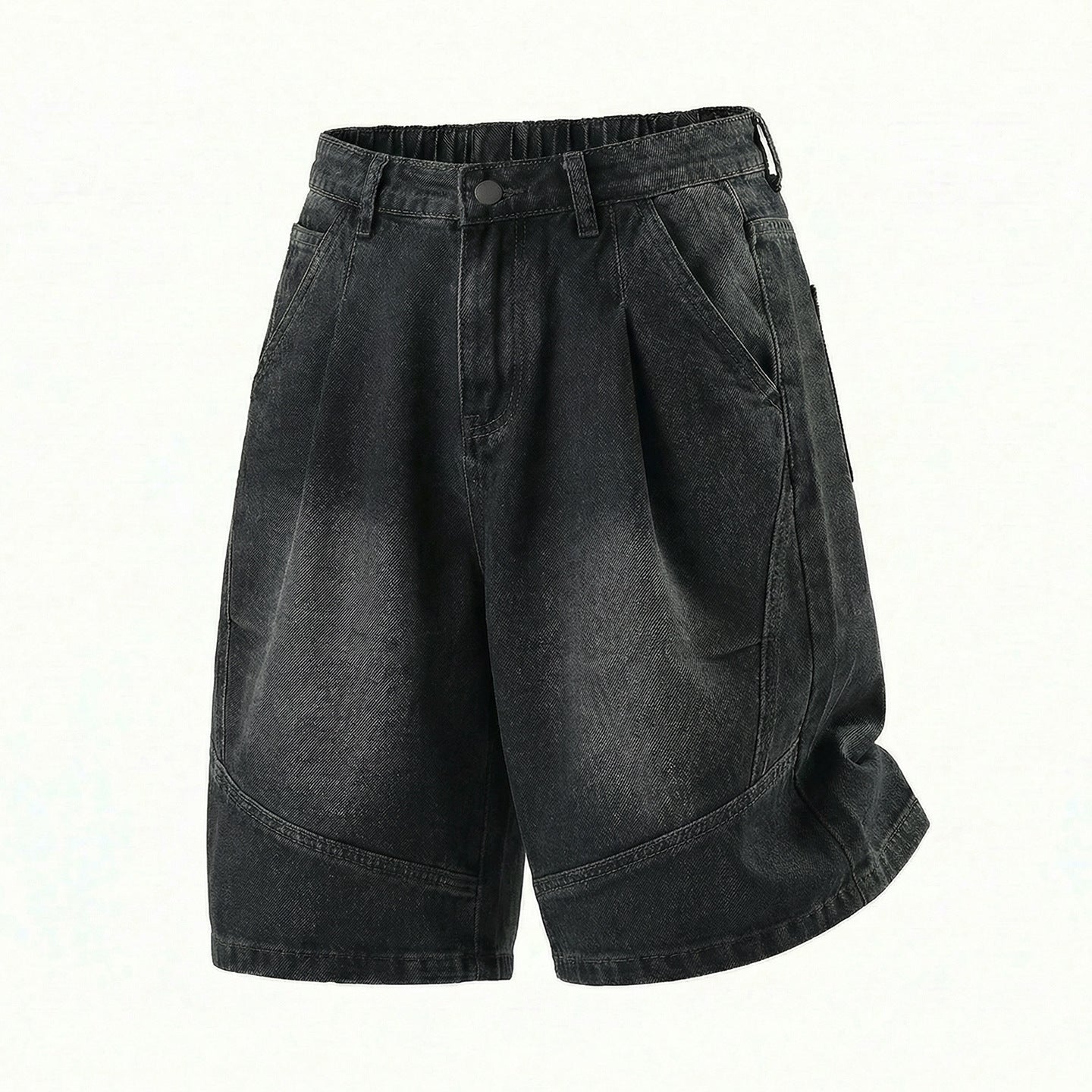 CBSON2607-8H 夏款分割打褶寬鬆復古水洗牛仔短褲(3色)