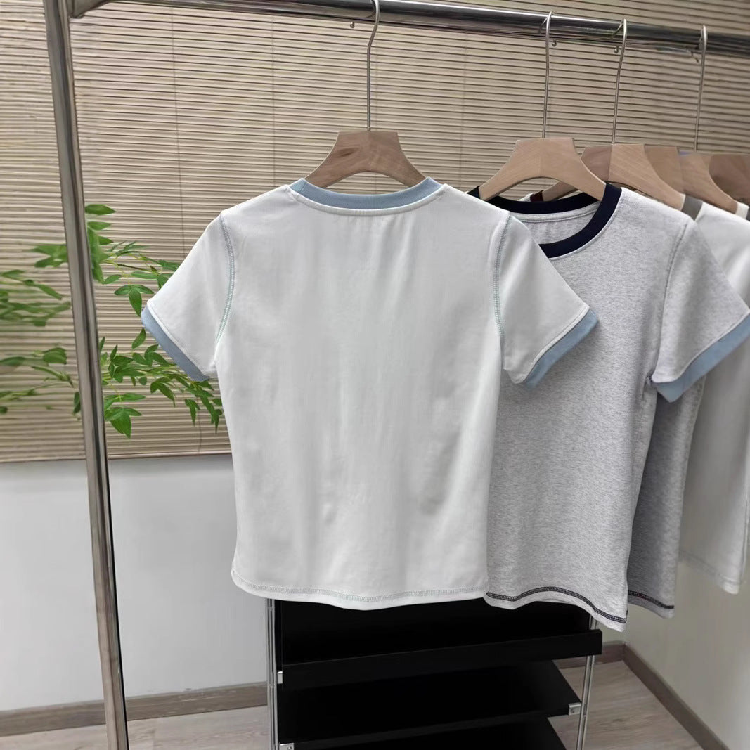 CGE044-1H 基礎款撞色圓領彈力修身短袖T恤(5色)