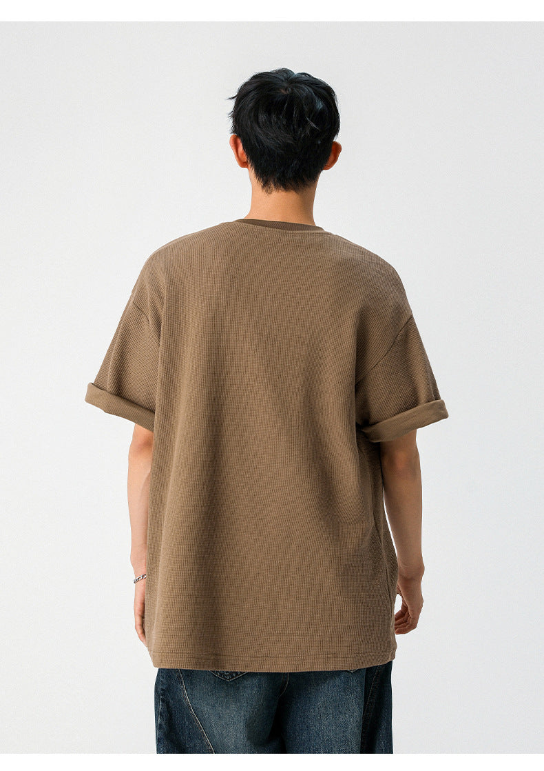 CBEMT7199-8H 亨利領華夫格短袖T恤夏季寬鬆撞色字母刺繡(4色)