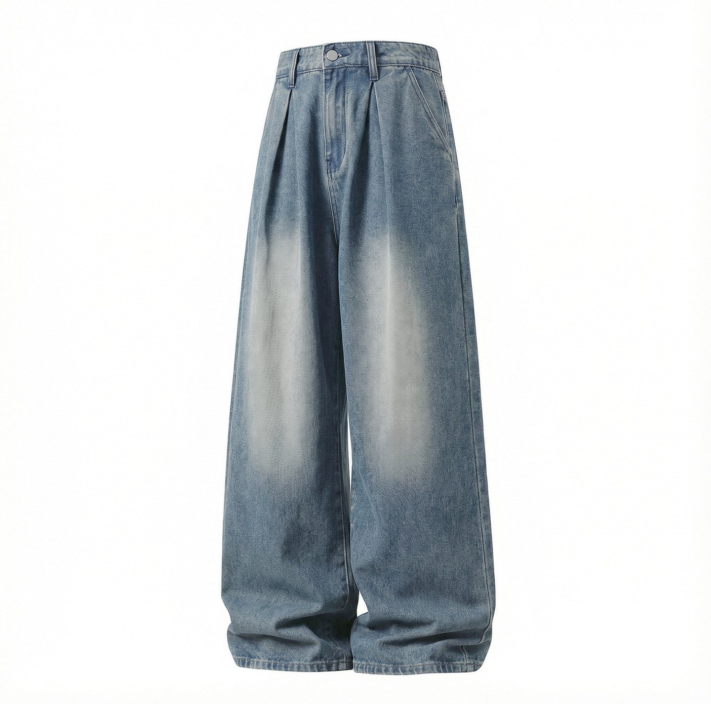 CBAON2530-8H 分叉式打褶水洗做舊春秋季復古寬鬆牛仔直筒褲(2色)