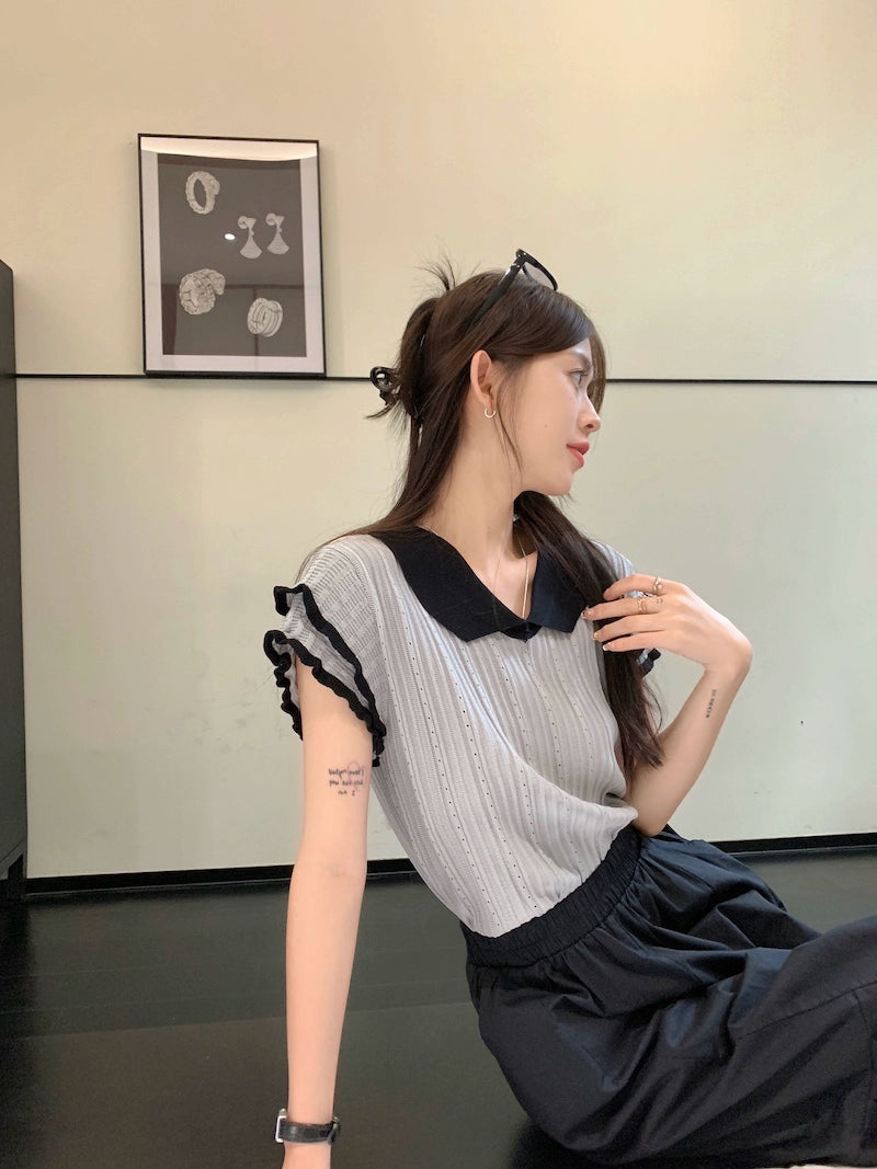 CGEA2563-67B 夏季新款短袖冰絲針織衫設計感撞色V領飛飛袖上衣