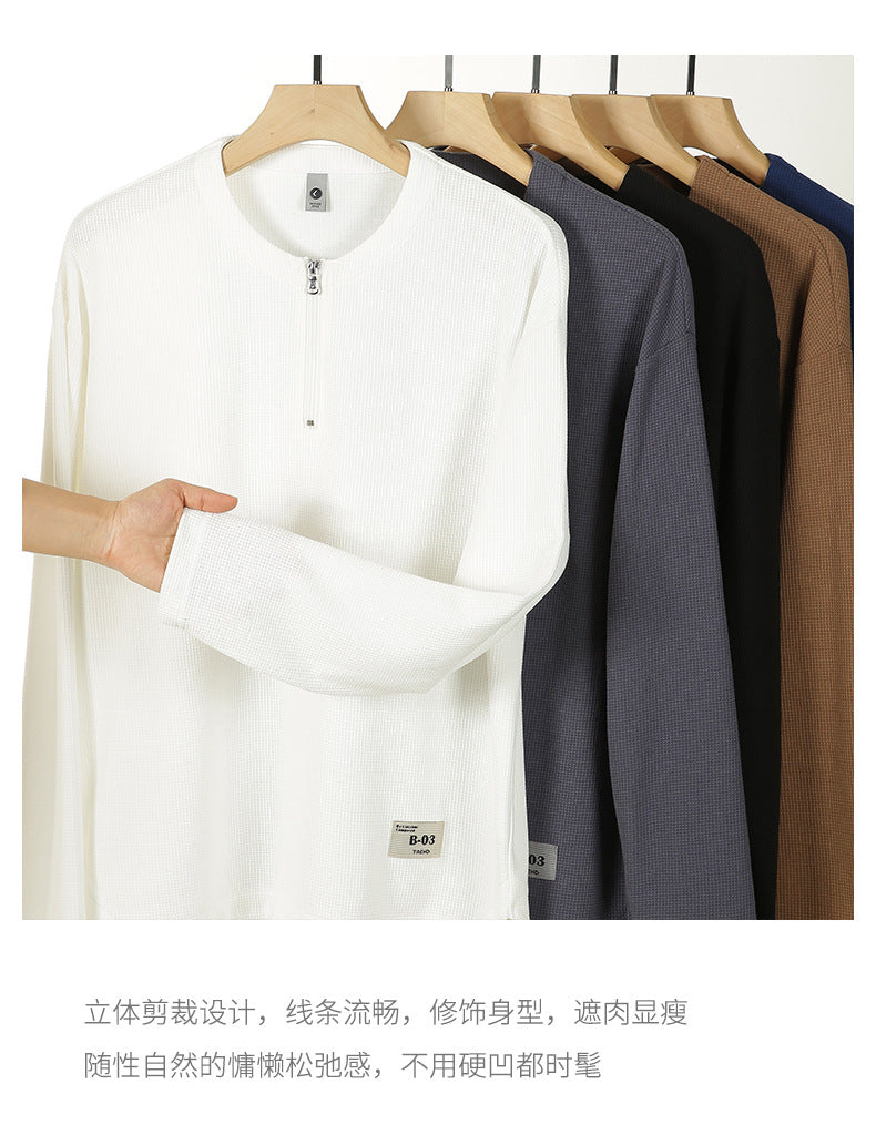 📺︎︎ CBD55668-124B華夫格長袖半拉鍊T恤寬鬆秋季開叉上衣(5色)