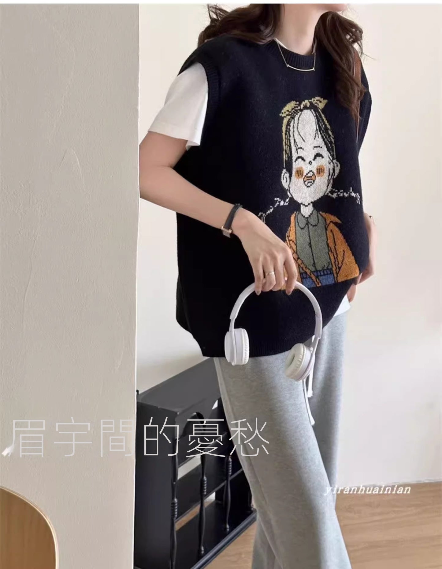 CGFM4674-54B秋季新款慵懶風寬鬆卡通針織馬甲圓領大版(4色)