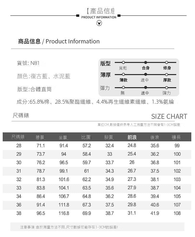 CBAT-N81-1B 洗水牛仔褲寬鬆直筒復古黃泥染窄版闊腿褲(2色)