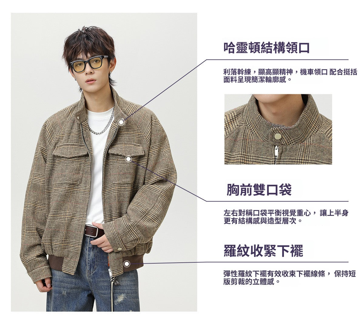 CBCMJ6034-8H 復古夾克雙袋短寬立領格子外套