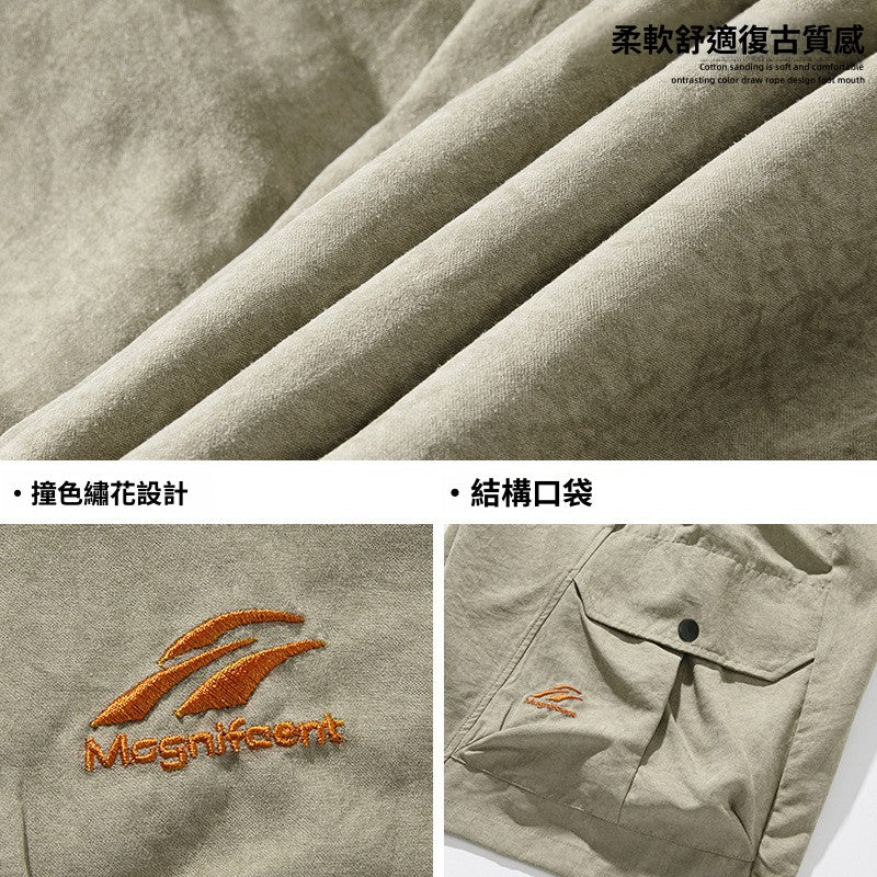 CBSMK2379-8H 立體口袋設計工裝短褲春夏復古刺繡抽繩五分褲(2色)