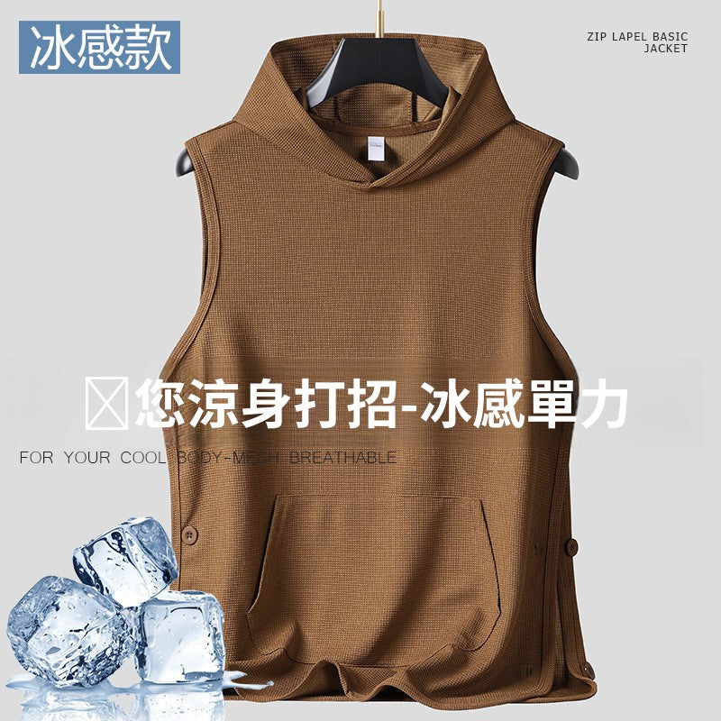 CBE2425-124B 潮牌華夫格連帽背心夏季設計感排扣開叉無袖坎肩T恤(3色)