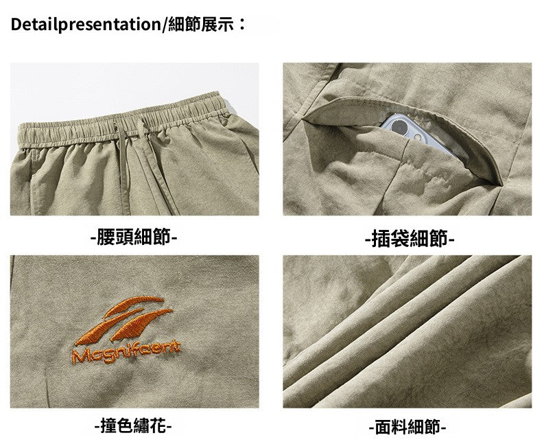 CBSMK2379-8H 立體口袋設計工裝短褲春夏復古刺繡抽繩五分褲(2色)