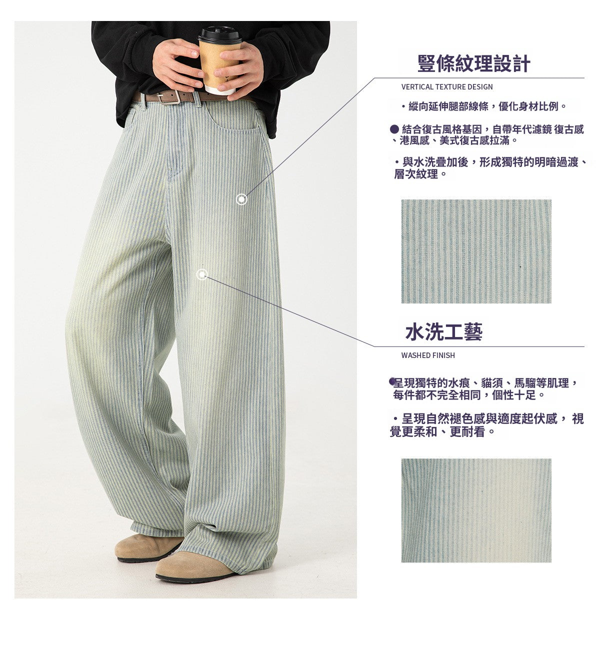CBAMN2456-8H 復古水洗豎條紋牛仔褲(2色)