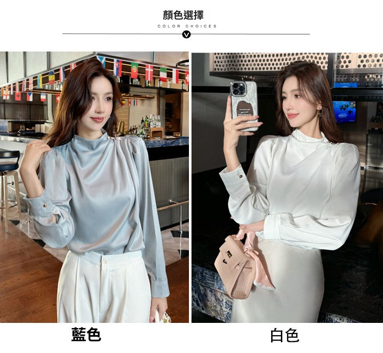 📺︎︎ CGD9302-4B 氣質襯衫緞面醋酸時尚立領上衣(2色)