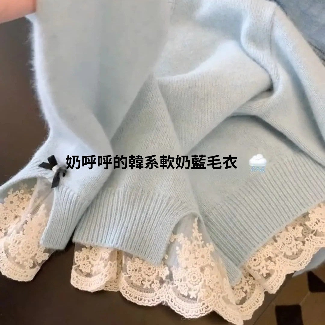 CGDXM7617-8B 百搭軟軟糯糯奶藍色蕾絲打底毛衣圓領針織套頭
