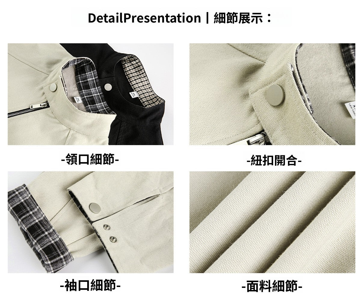 CBCMJ6036-8H 復古格紋拼接設計立領寬鬆短寬外套(2色)