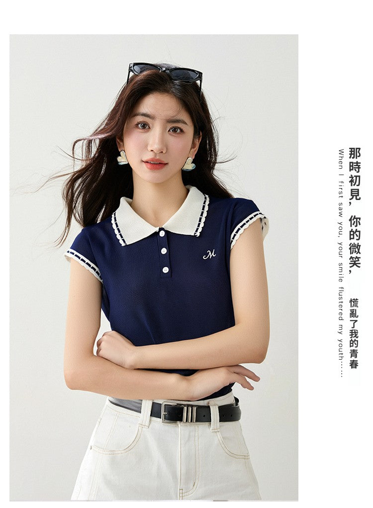 CGE8554-89B 花邊翻領刺繡字母針織短袖T恤
