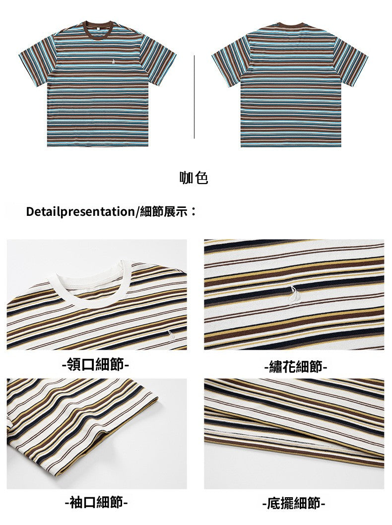 CBEMT7170-8H 日系復古撞色條紋短袖T恤質感刺繡圓領(3色)