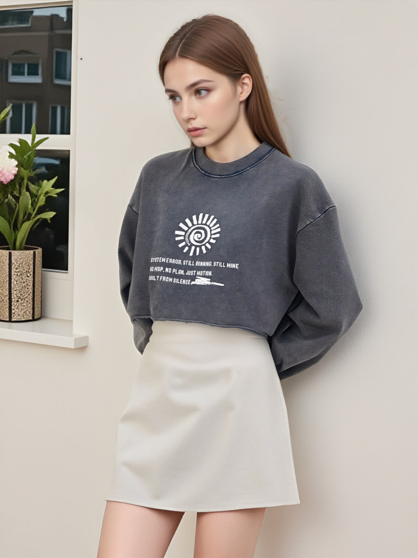 CGD51122402-171-TD 潮款秋冬水洗短款圓領散邊長袖T恤(5色)