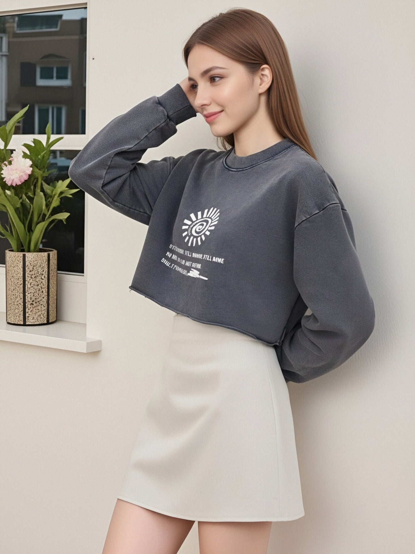 CGD51122402-171-TD 潮款秋冬水洗短款圓領散邊長袖T恤(5色)