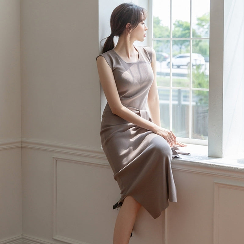 CGB3268-40B 氣質系帶圓領長裙開叉連衣裙(3色)