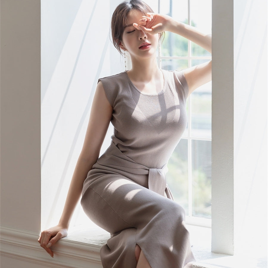 CGB3268-40B 氣質系帶圓領長裙開叉連衣裙(3色)