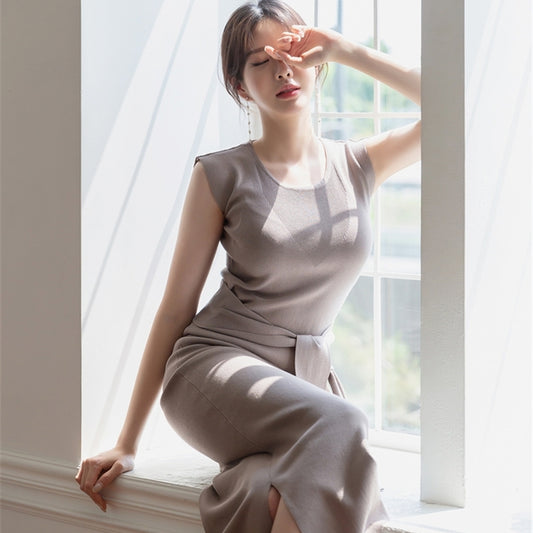 CGB3268-40B 氣質系帶圓領長裙開叉連衣裙(3色)