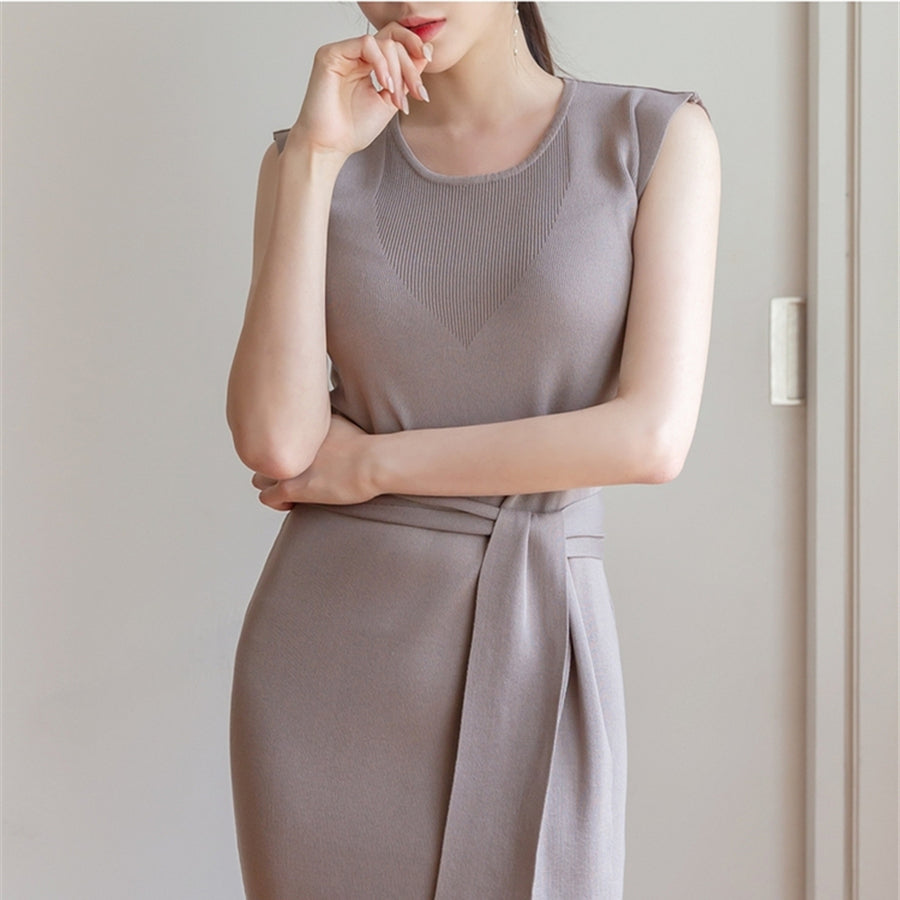 CGB3268-40B 氣質系帶圓領長裙開叉連衣裙(3色)