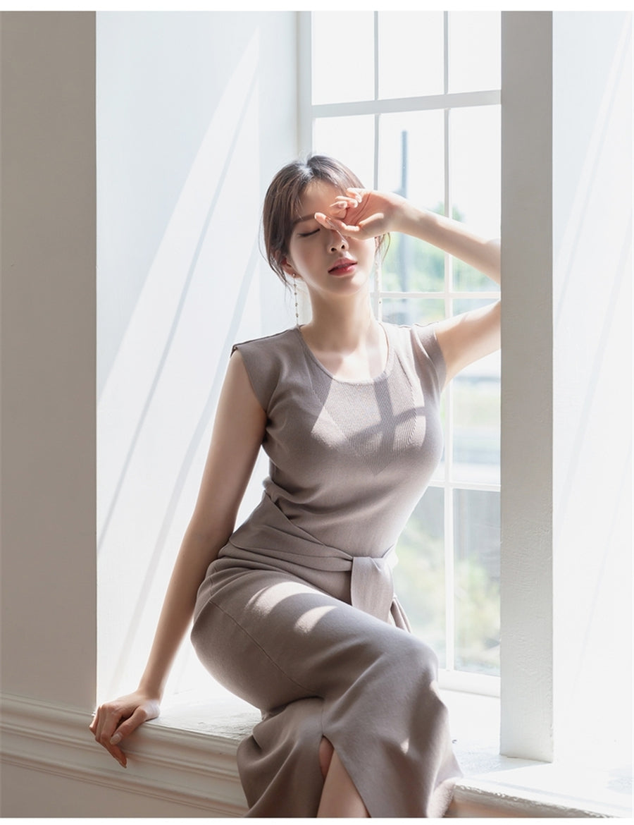 CGB3268-40B 氣質系帶圓領長裙開叉連衣裙(3色)