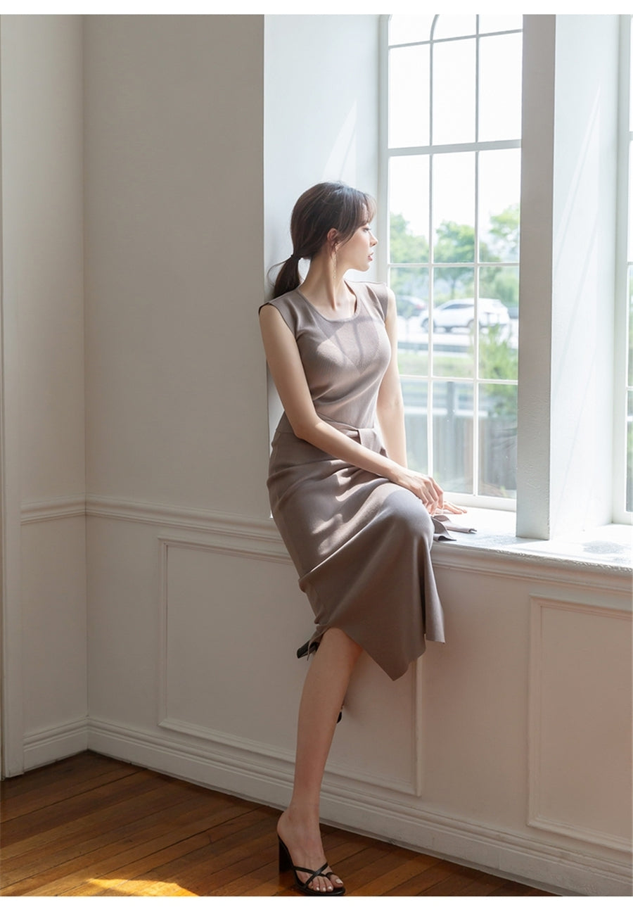 CGB3268-40B 氣質系帶圓領長裙開叉連衣裙(3色)