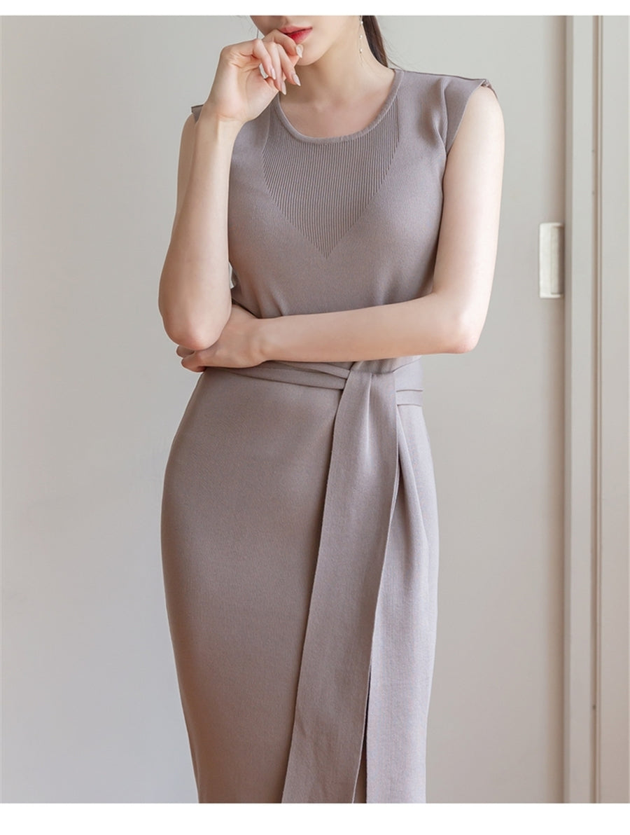 CGB3268-40B 氣質系帶圓領長裙開叉連衣裙(3色)