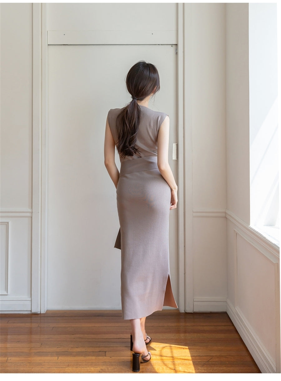 CGB3268-40B 氣質系帶圓領長裙開叉連衣裙(3色)