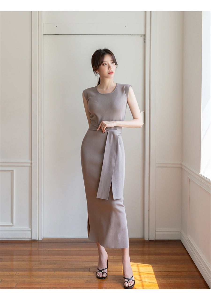 CGB3268-40B 氣質系帶圓領長裙開叉連衣裙(3色)