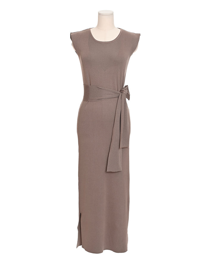 CGB3268-40B 氣質系帶圓領長裙開叉連衣裙(3色)