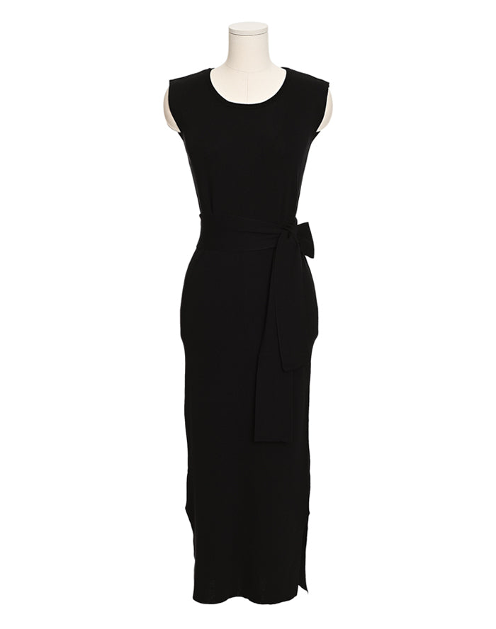 CGB3268-40B 氣質系帶圓領長裙開叉連衣裙(3色)