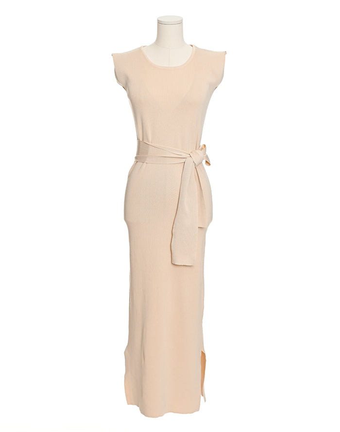 CGB3268-40B 氣質系帶圓領長裙開叉連衣裙(3色)