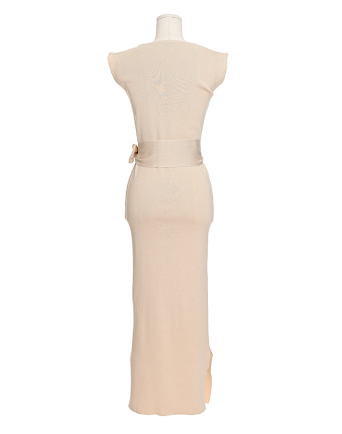 CGB3268-40B 氣質系帶圓領長裙開叉連衣裙(3色)