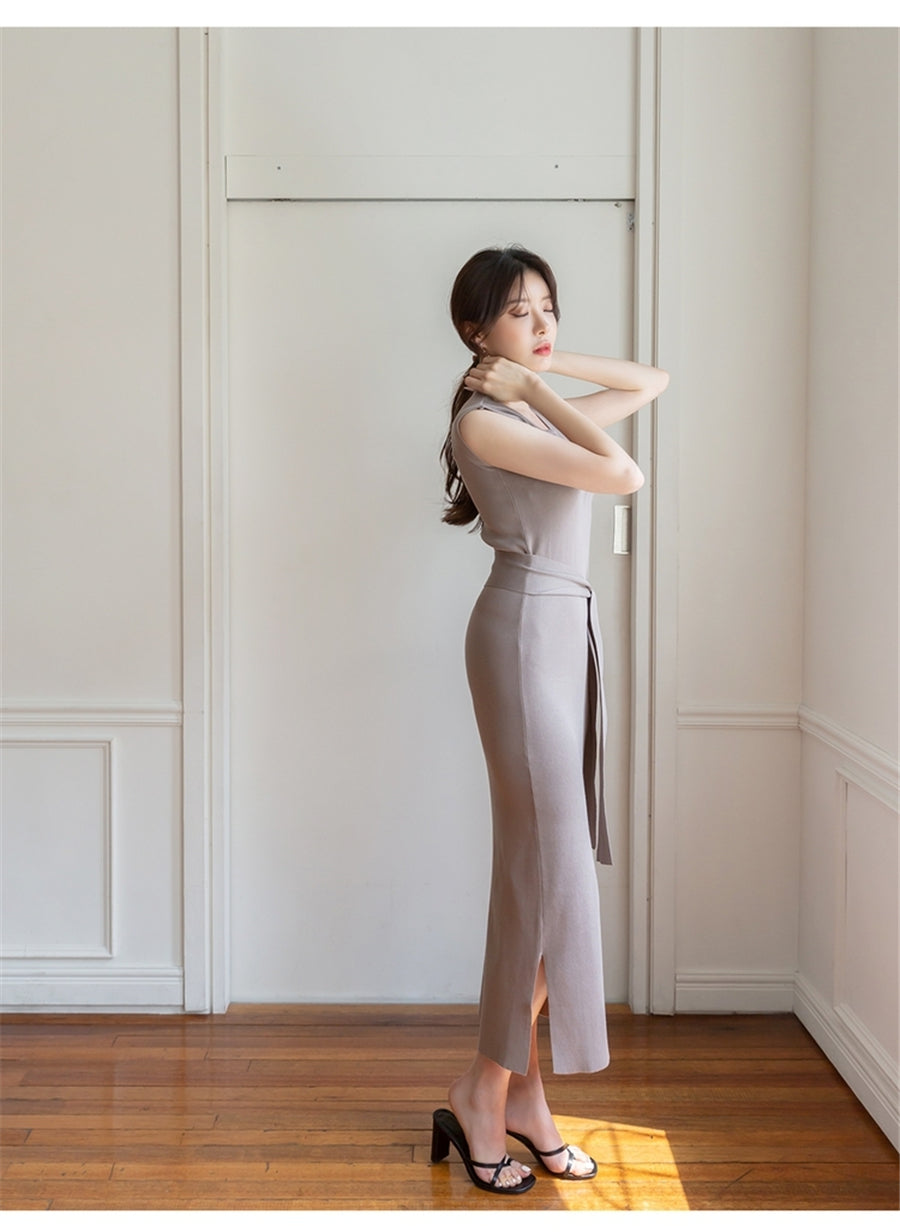 CGB3268-40B 氣質系帶圓領長裙開叉連衣裙(3色)