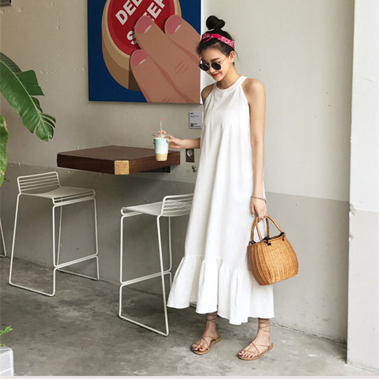 CGB149-2-40B 夏吊帶長裙慵懶風性感修身棉麻連衣裙(2色)