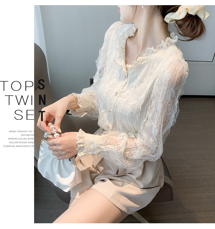 CGD6160-4B 春裝蕾絲長袖雪紡上衣V領氣質襯衫