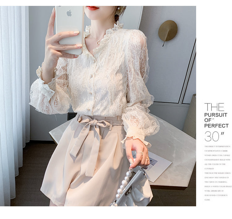 CGD6160-4B 春裝蕾絲長袖雪紡上衣V領氣質襯衫