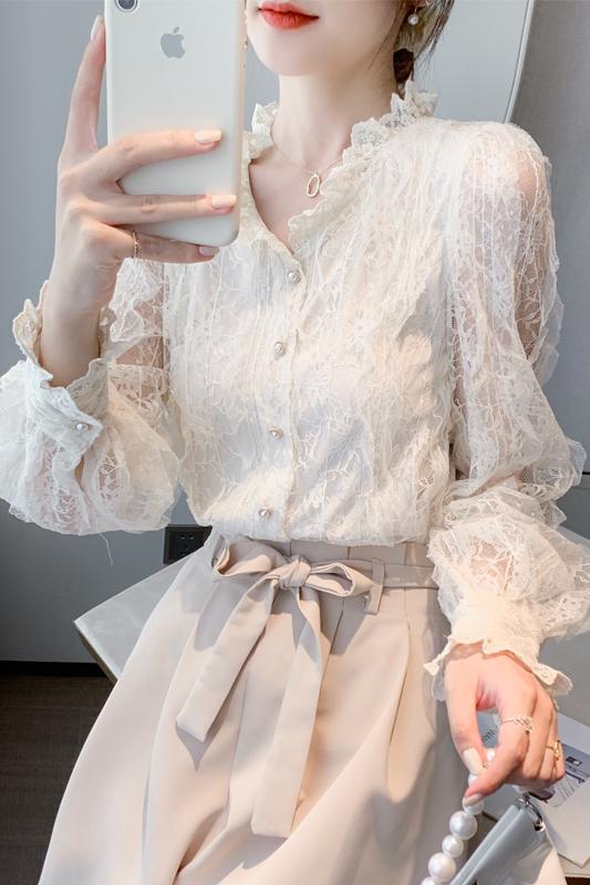 CGD6160-4B 春裝蕾絲長袖雪紡上衣V領氣質襯衫