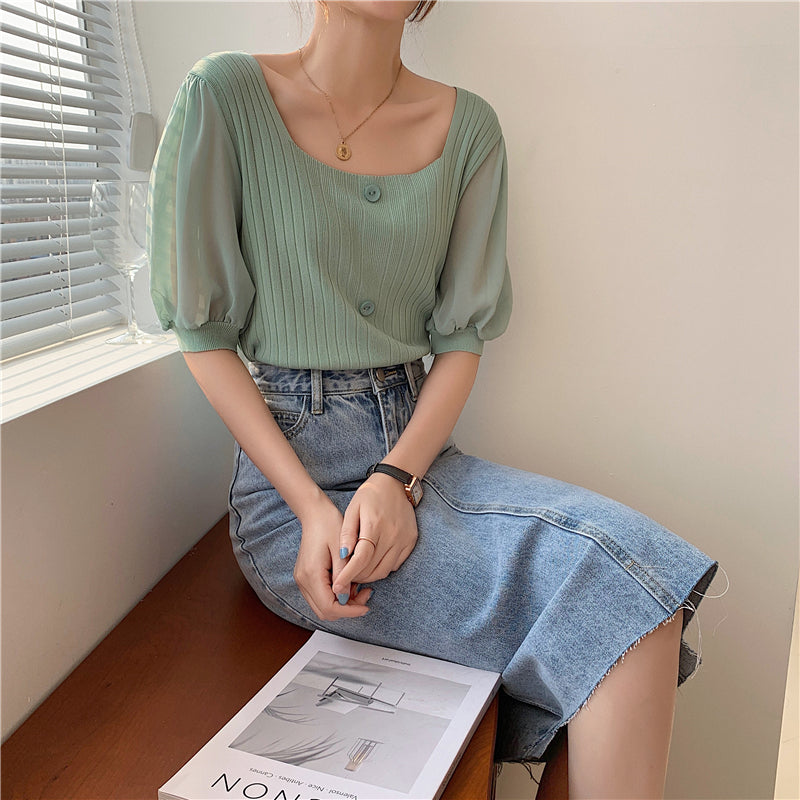 📺︎︎  CGE927-88B 雪紡泡泡袖方領短款短袖針織上衣(5色)