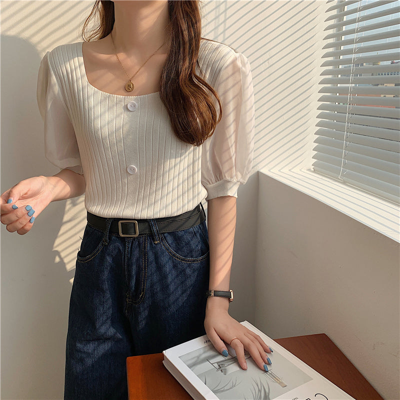 📺︎︎  CGE927-88B 雪紡泡泡袖方領短款短袖針織上衣(5色)