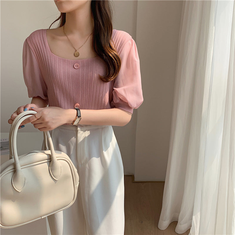 📺︎︎  CGE927-88B 雪紡泡泡袖方領短款短袖針織上衣(5色)