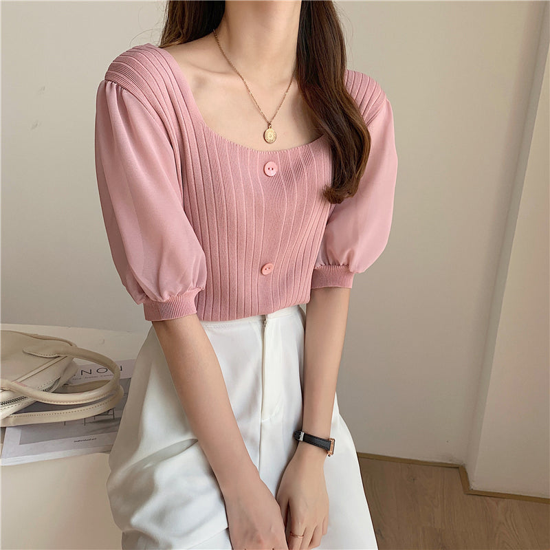 📺︎︎  CGE927-88B 雪紡泡泡袖方領短款短袖針織上衣(5色)